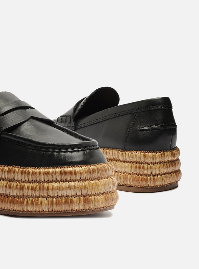 Mocassim Preto Couro Flatform Corda