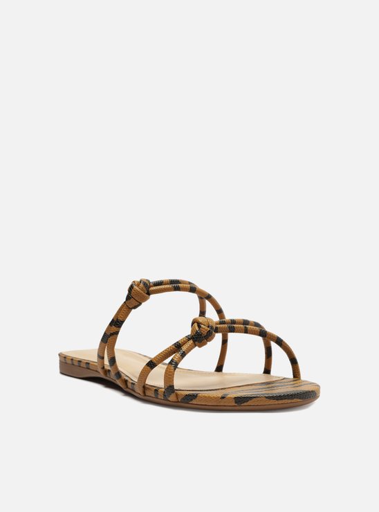 Sandália Rasteira Animal Print Bico Redondo Nós