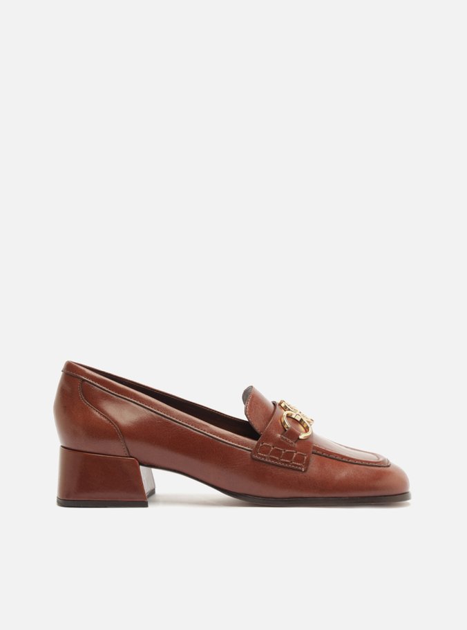 Loafer Marrom Couro Salto Bloco Metal Heritage