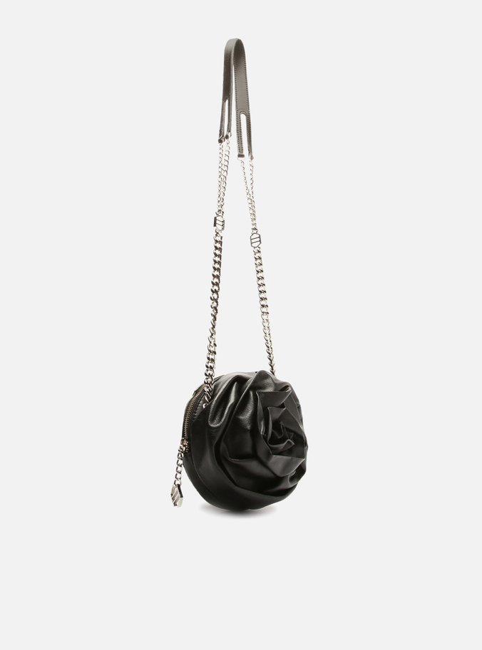 Bolsa Tiracolo Preta Couro Pequena Flor