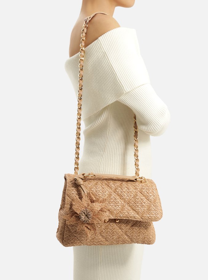 Bolsa Tiracolo Bege Ráfia Mizz Média Flor