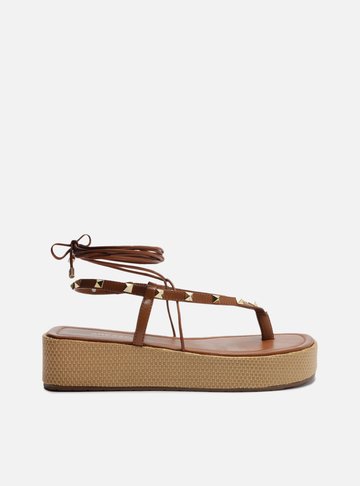 Sandália Marrom Flatform Amarração Studs