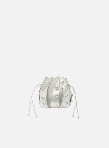 Bolsa Bucket Prateada Couro Pequena Esferas