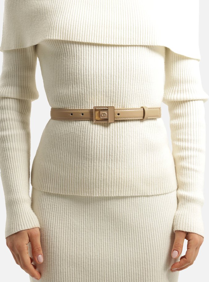 Cinto Bege Couro Médio Fivela Pedras