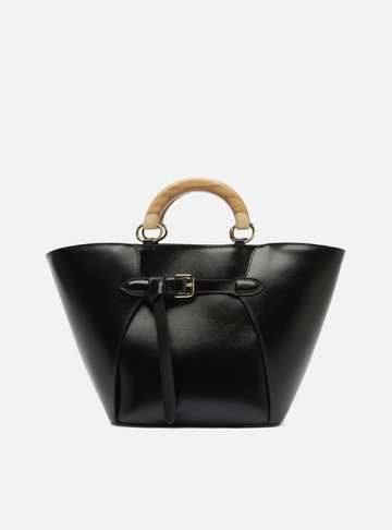 Arezzo — Bolsa Tote Preta Couro Grande Alça Madeira