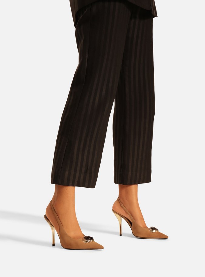 Scarpin Marrom Camurça Salto Alto Slingback Pedraria