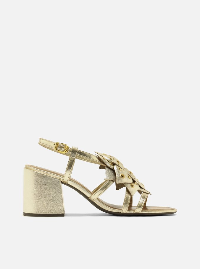 Sandália Dourada Couro Salto Bloco Tiras Flor