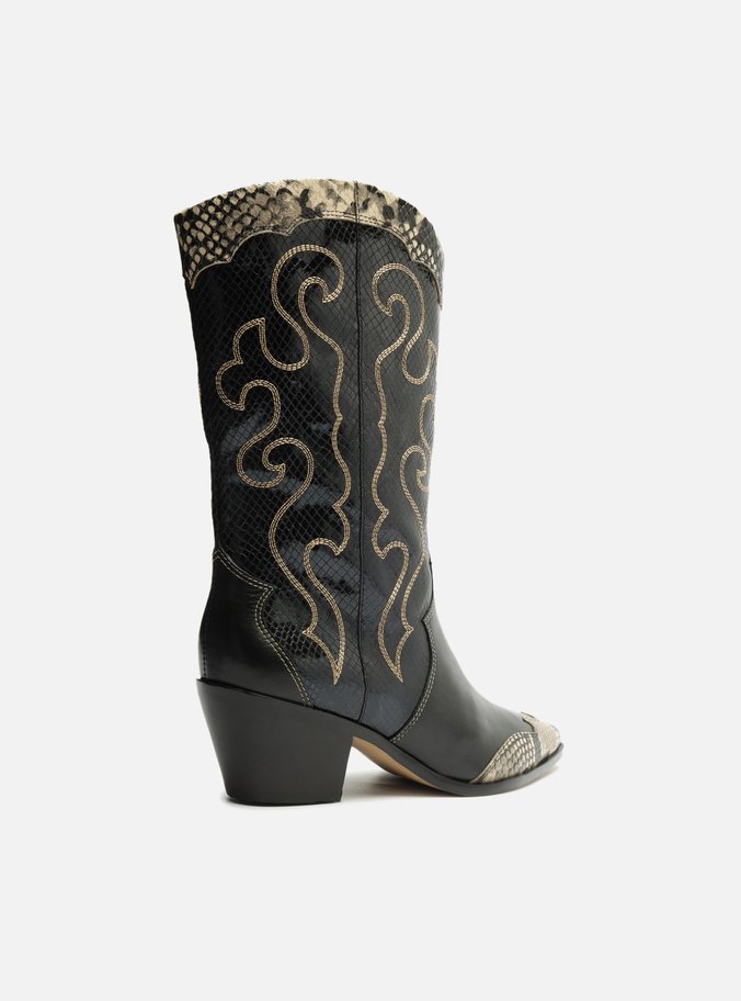 Bota Preta Couro Cano Médio Bordado Western