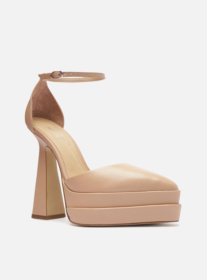 Scarpin Nude Couro Meia Pata Bico Fino