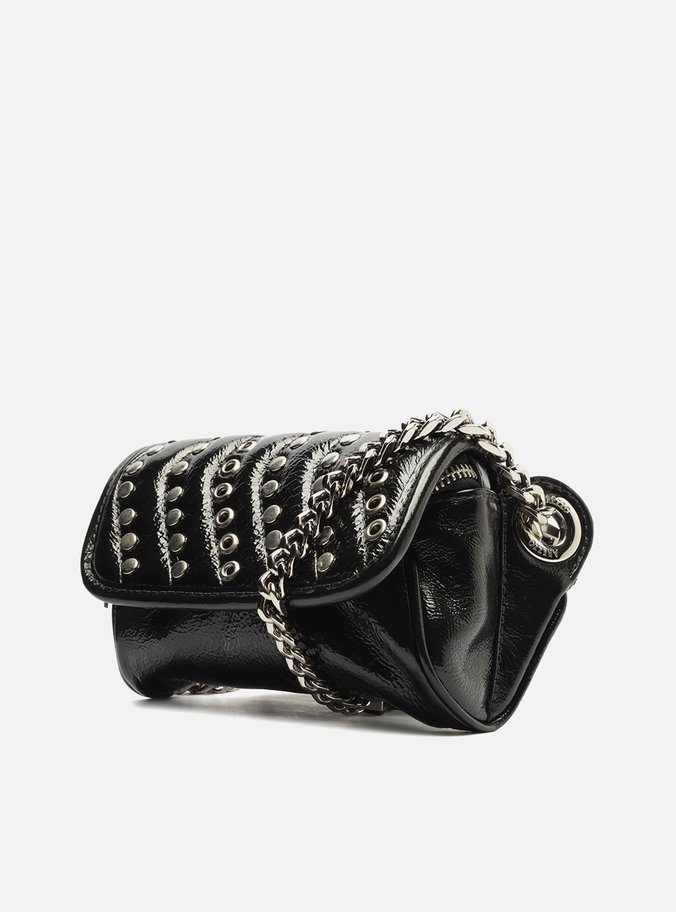 Bolsa Tiracolo Preta Couro Shine Pequena Ilhós