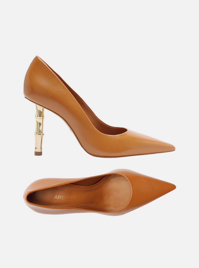 Scarpin Marrom Couro Salto Bamboo Metal