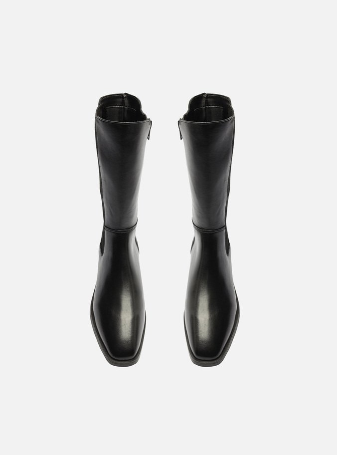 Bota Preto Couro Cano Médio Elástico Montaria