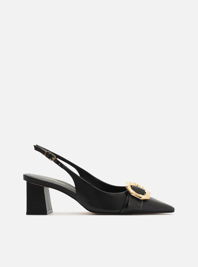 Scarpin Preto Couro Salto Bloco Slingback