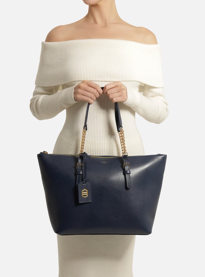 Bolsa Shopping Azul Couro Grande Alça Corrente