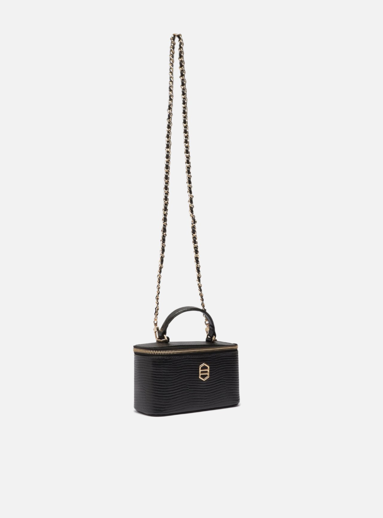 Bolsa Tiracolo Preta Couro Pequena Croco Corrente — foto 5