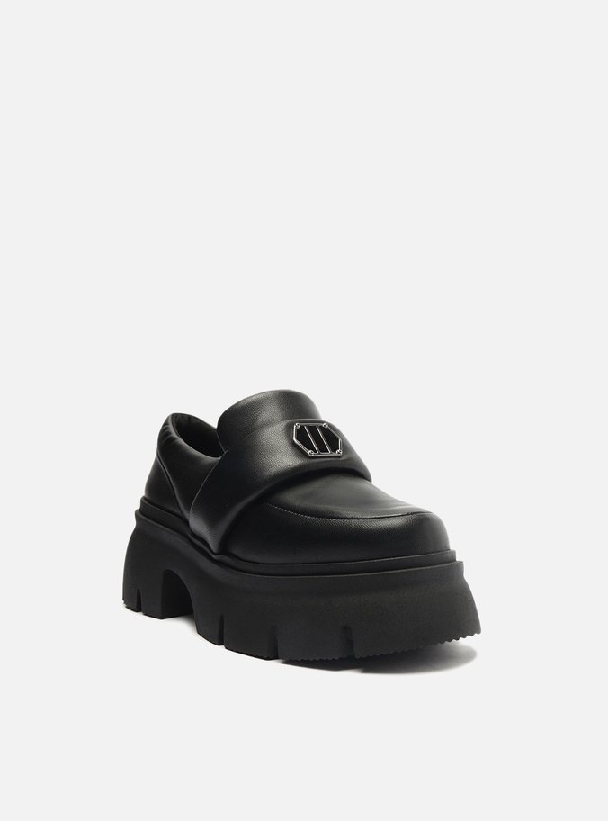 Mocassim Preto Couro Bico Redondo Puffer