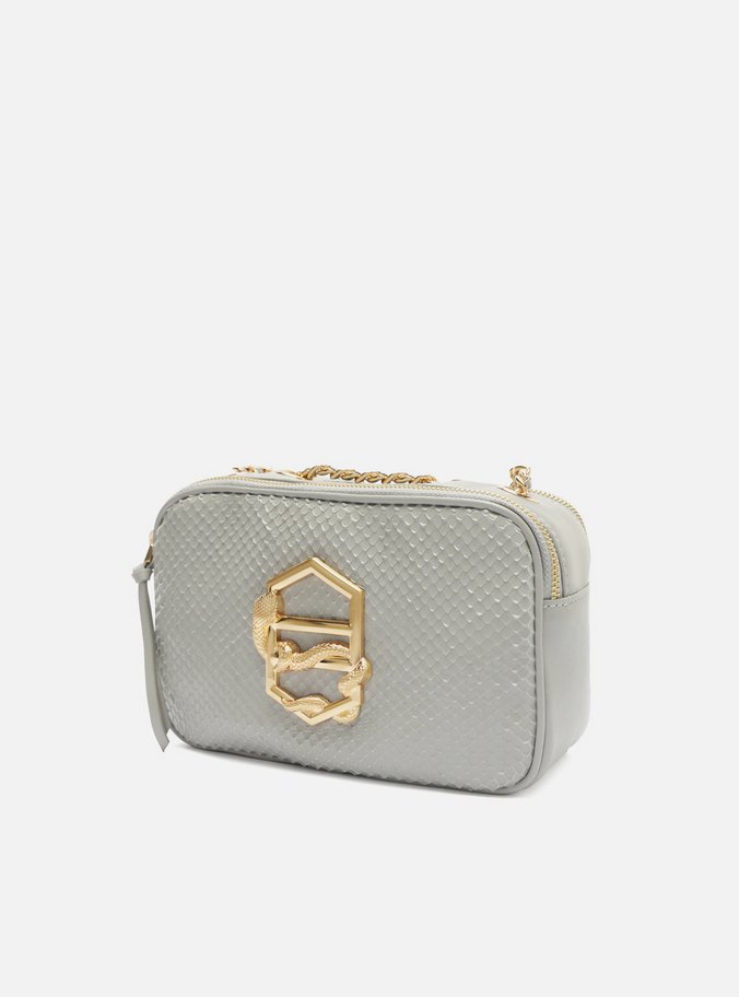 Bolsa Tiracolo Cinza Couro Snake Pequena Zíper