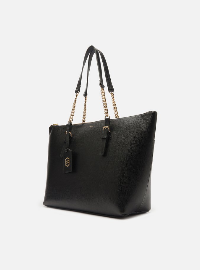 Bolsa Shopping Preta Couro Grande Alça Corrente