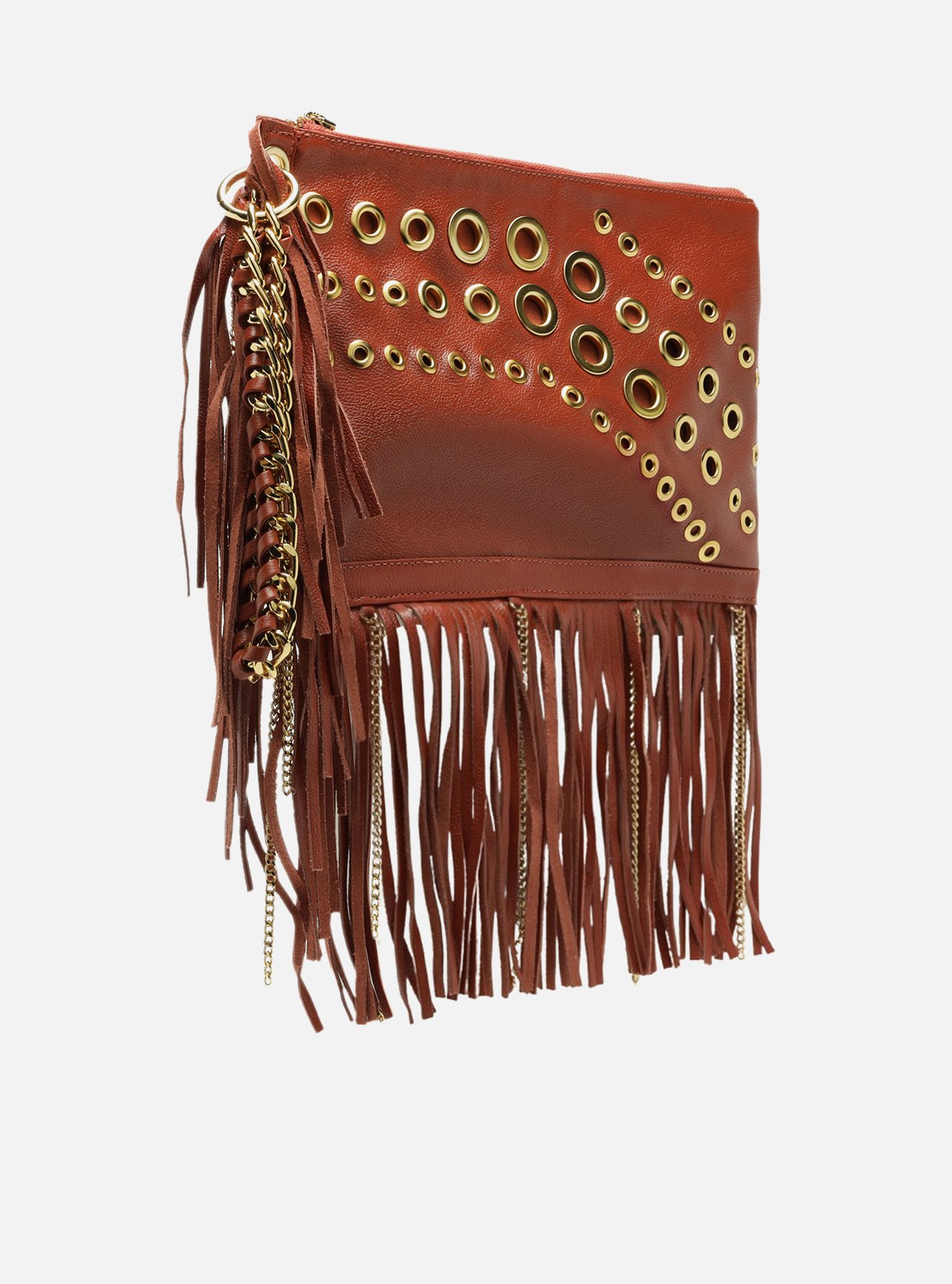 Clutch Laranja Couro Média Franjas Ilhoses — foto 5