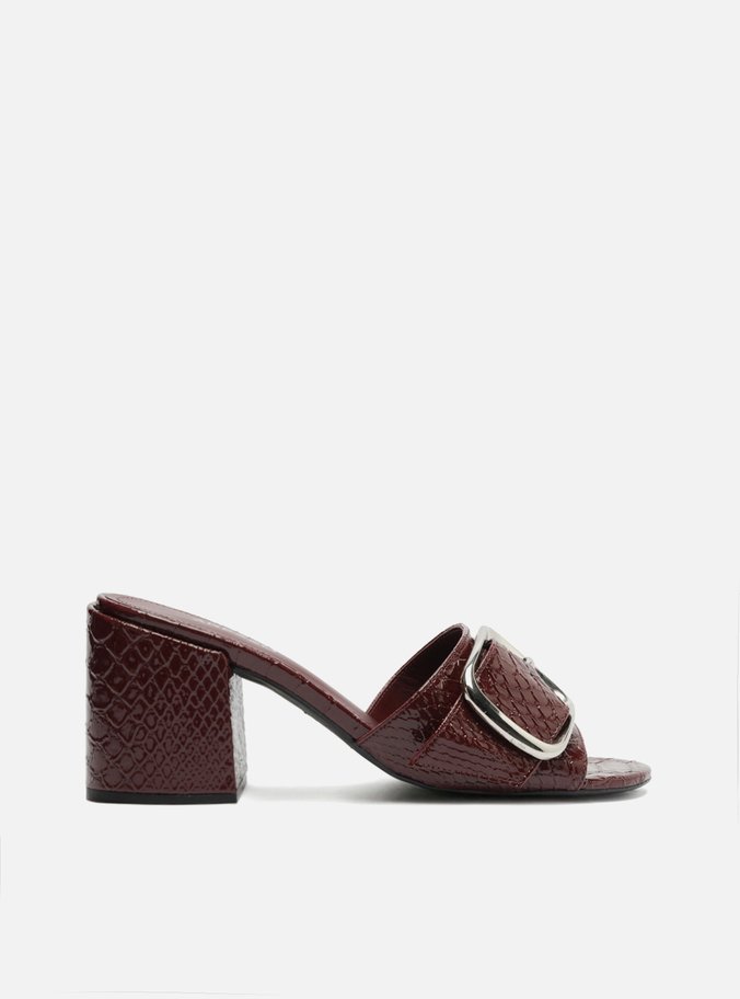 Mule Vermelho Couro Croco Salto Médio Bloco
