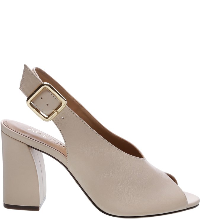 Sandália Peep Toe  Couro Salto Bloco Latte