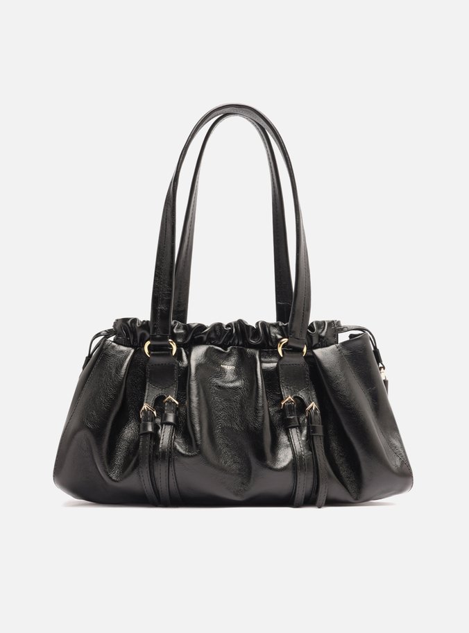Bolsa Tiracolo Preta Couro Grande Fivelas