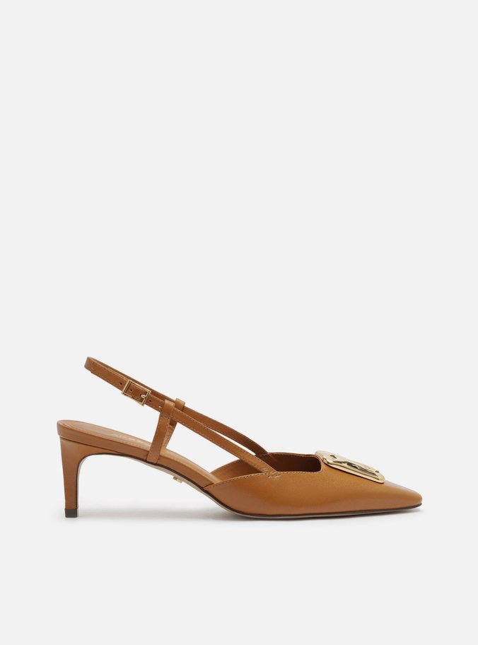 Scarpin Marrom Couro Salto Baixo Slingback Metal