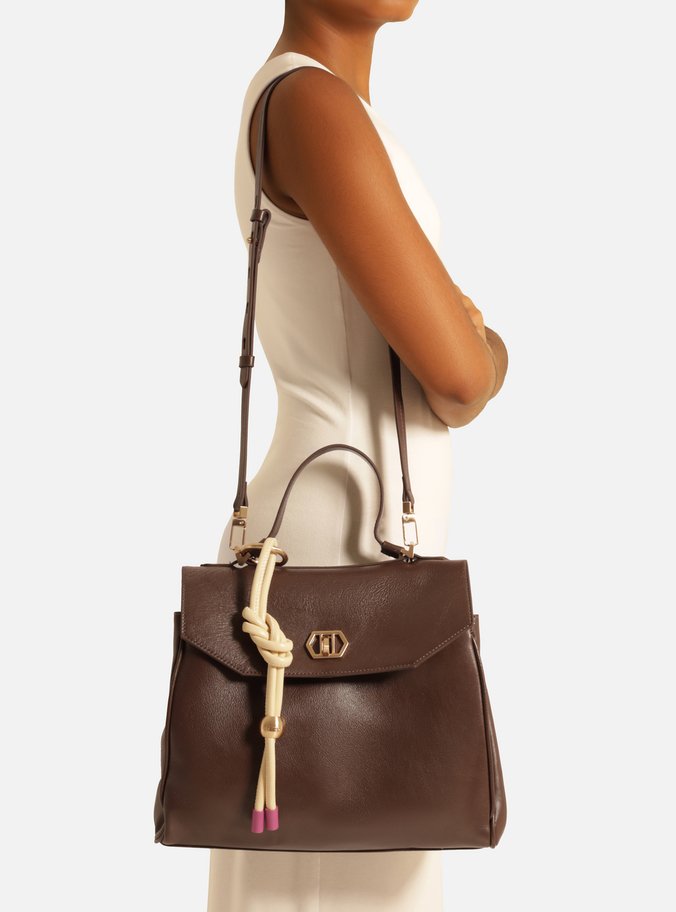 Bolsa Satchel Marrom Couro Média Bag Charm Nó