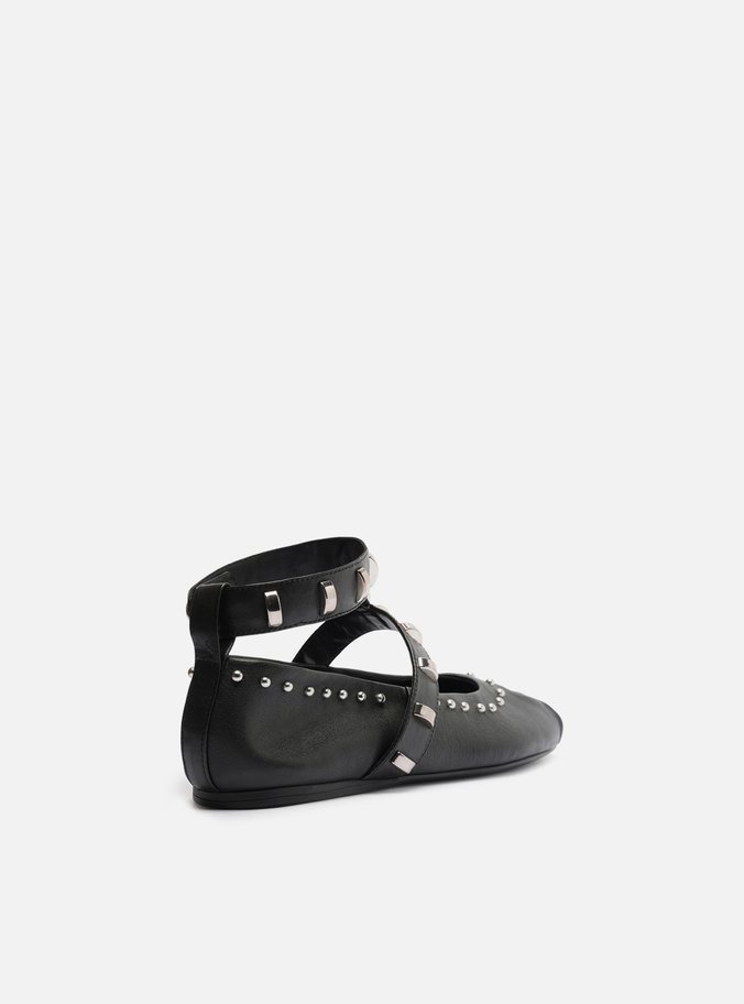 Sapatilha Boneca Preta Couro Metais Tira Ankle