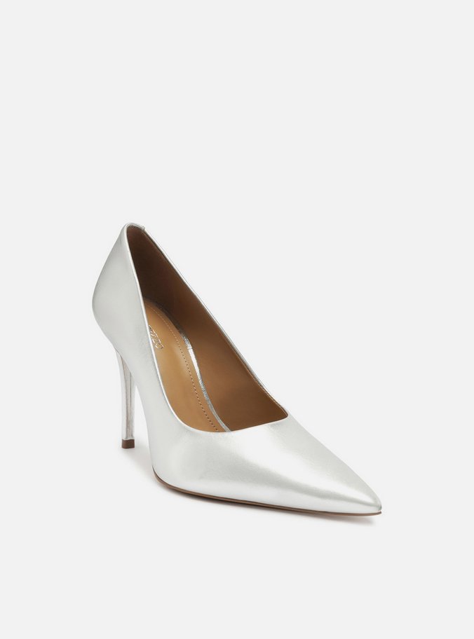 Scarpin Prata Couro Salto Alto Fino