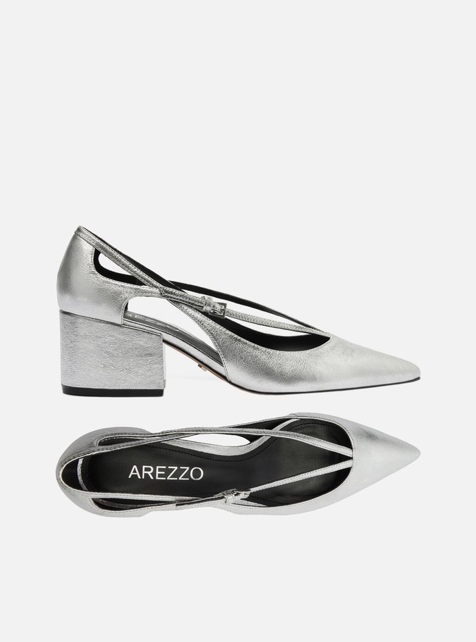 Scarpin Prateado Couro Bloco Semi Aberto Tiras