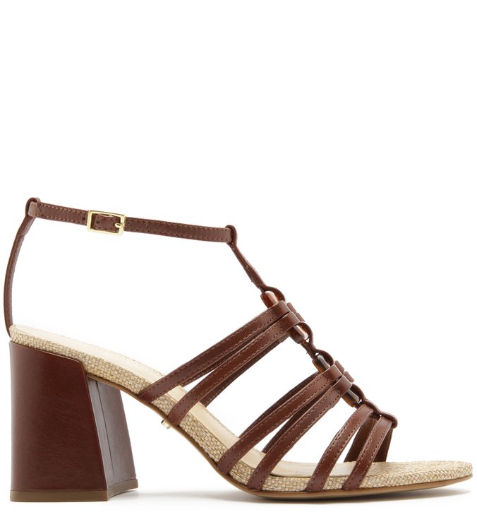 Sandália Couro Salto Médio Tiras Fivela Resina Hot Brandy