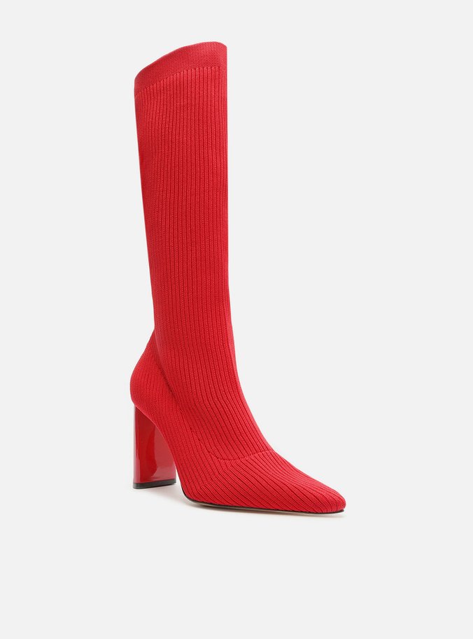 Bota Skinny Vermelha Knit Cano Longo Salto Bloco