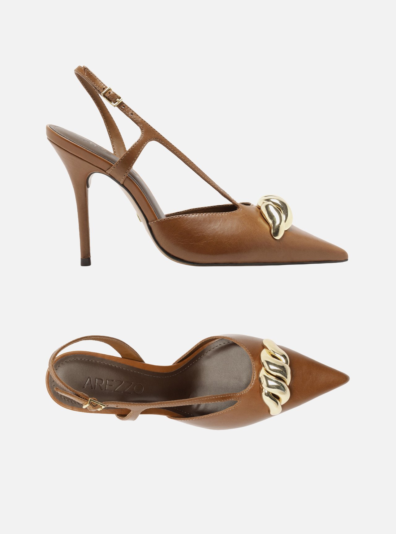 Scarpin Marrom Couro Slingback Salto Fino Metais — foto 7
