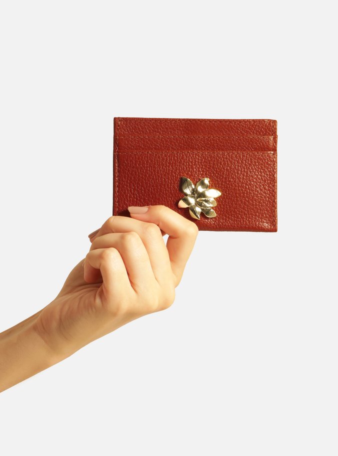Porta-Cartão Laranja Couro Flor Metal