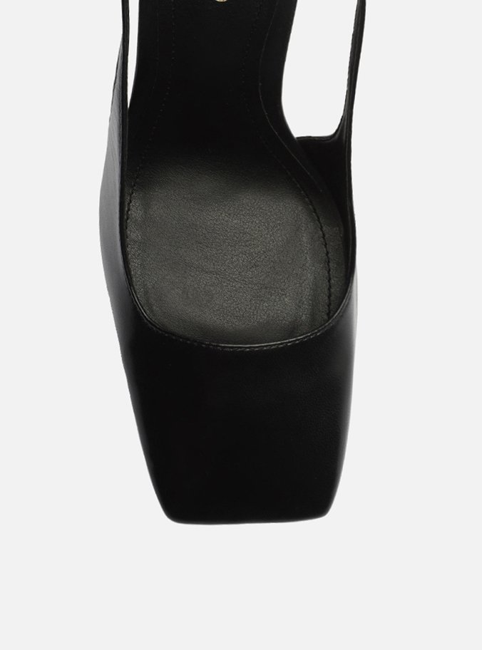 Scarpin Preto Couro Bico Quadrado Slingback