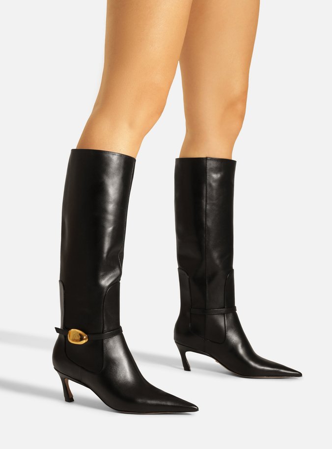 Bota Preta Couro Salto Baixo Cano Longo Metal