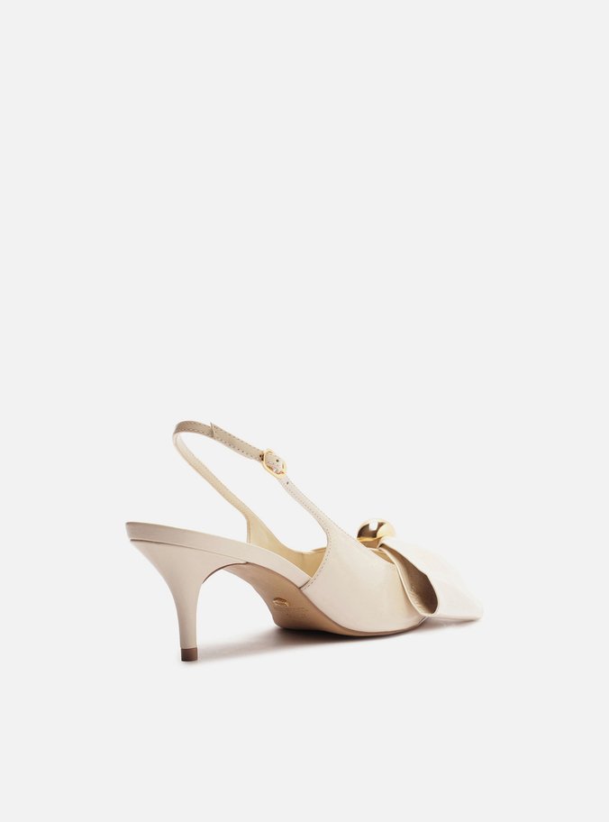 Scarpin Branco Couro Slingback Laço Metal