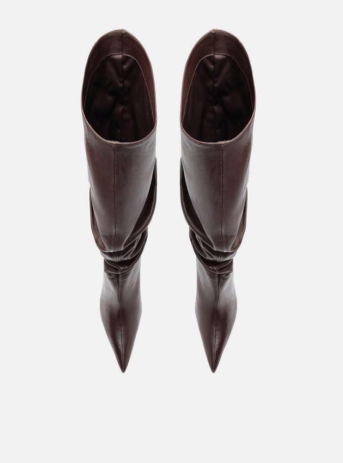 Bota Marrom Couro Cano Longo Salto Alto Slouch
