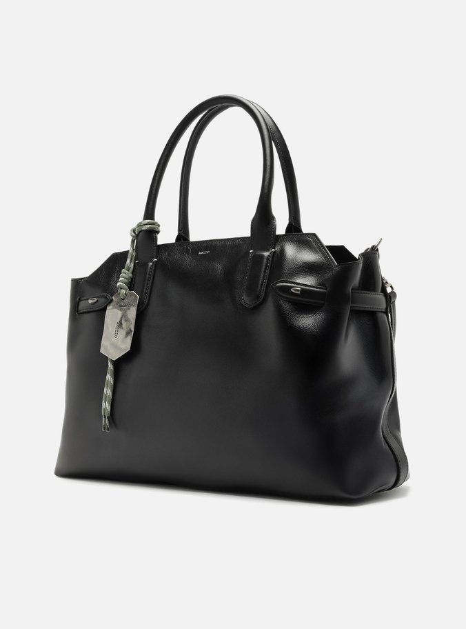 Bolsa Tote Preta Couro Grande Bag Charm Metal