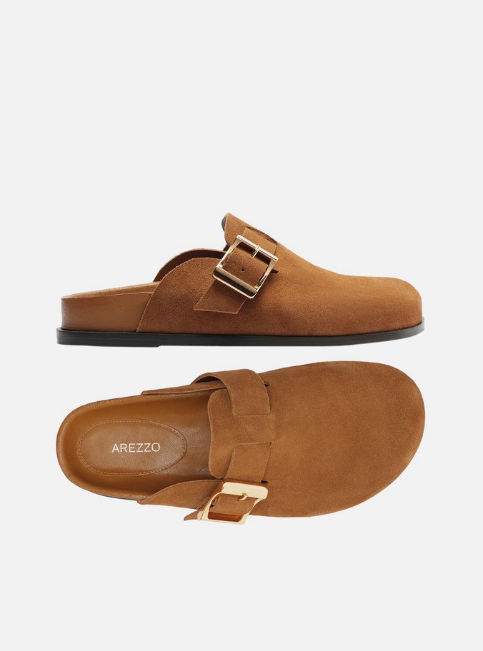 Clog Sabot Marrom Acamurçada Rasteira Fivela
