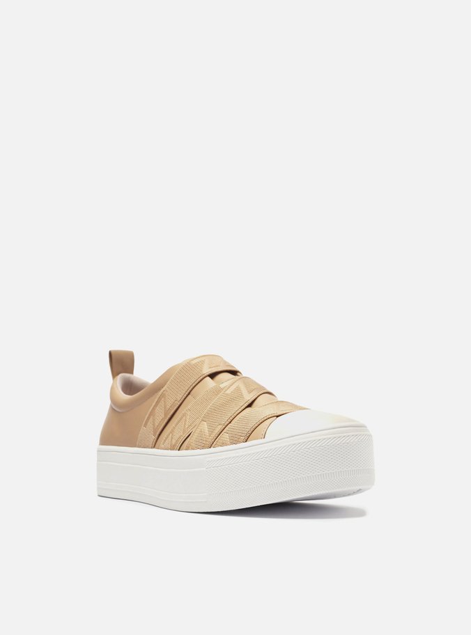 Tênis Slip On Bege Couro Flatform Elásticos