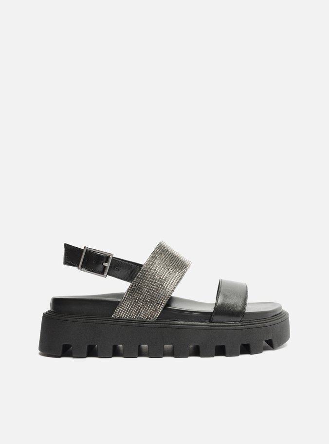 Sandália Preta Couro Flatform Tratorada Strass