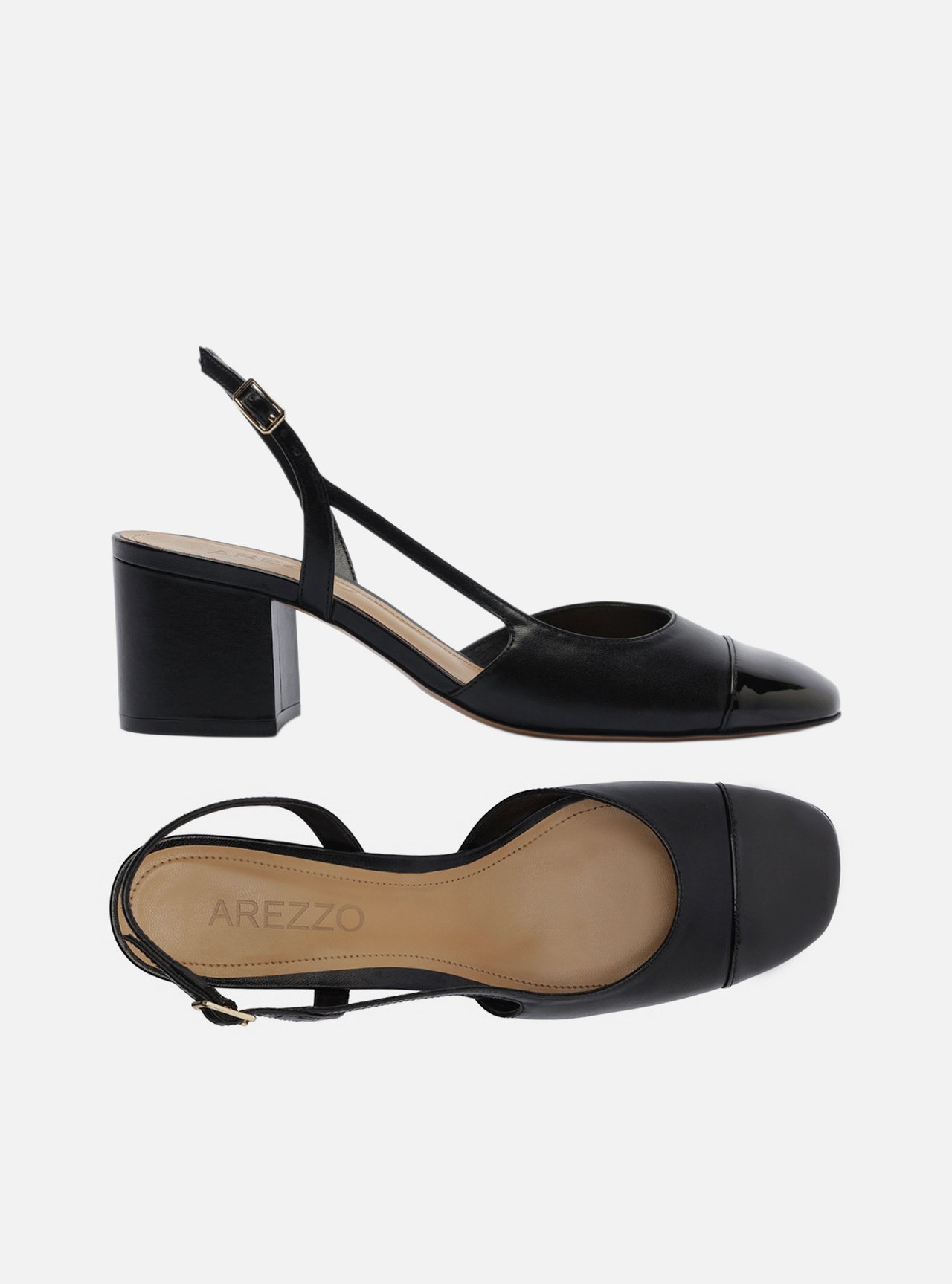 Scarpin Preto Couro Bloco Slingback Cap Toe Verniz — foto 5