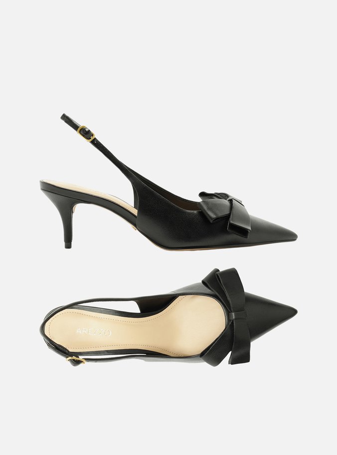 Scarpin Preto Couro Slingback Laço Lateral