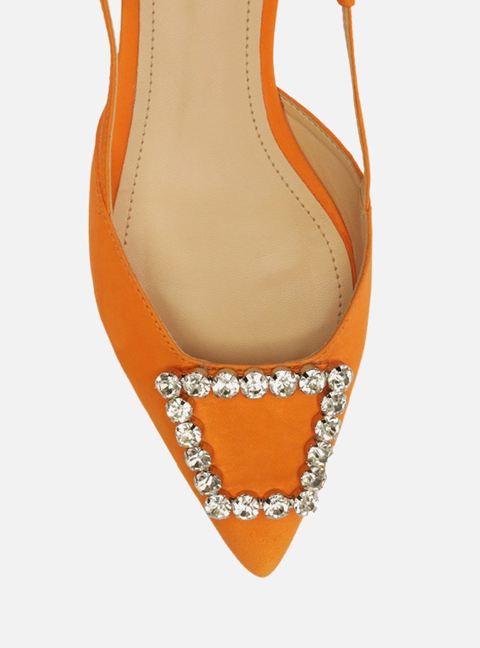 Sapatilha Laranja Nobuck Bico Fino Slingback Pedraria