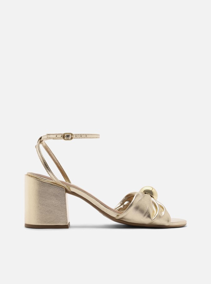 Sandália Dourada Couro Salto Médio Bloco Metal