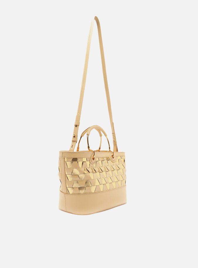 Bolsa Tote Nude Couro Bicolor Média Dourada