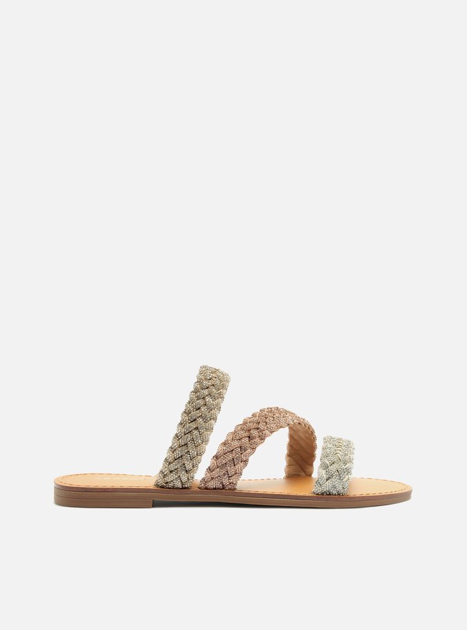 Sandália Rasteira Metalizada Colorida Bico Redondo Trança