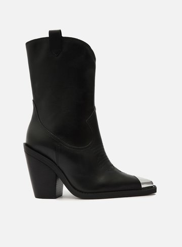 Bota Preta Couro Cano Médio Biqueira Western